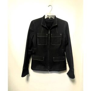 Elie Tahari Black Jean Jacket Thick Stitching Embroidered Zipper Closure Size S